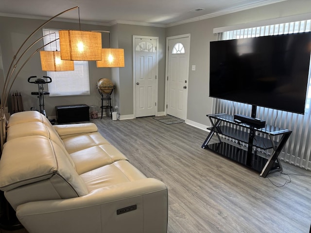 living room featuring wood-type flooring and crown molding