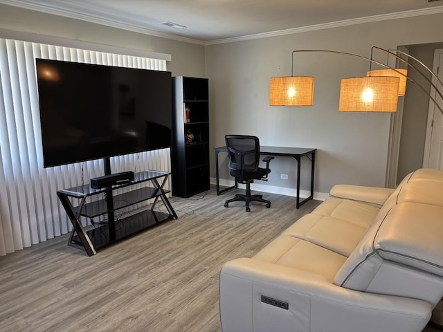 office space with ornamental molding and hardwood / wood-style floors