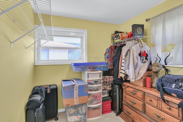 walk in closet with light colored carpet