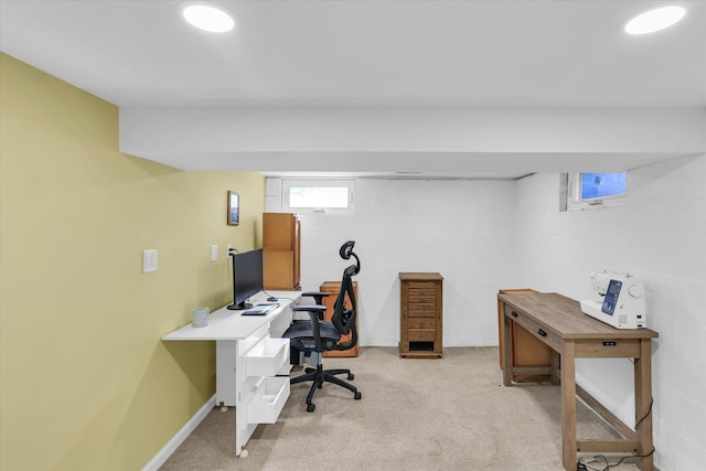 view of carpeted home office