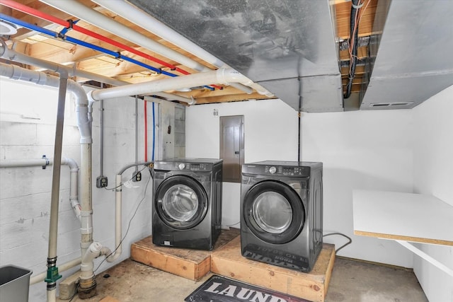 laundry room with washing machine and clothes dryer and electric panel