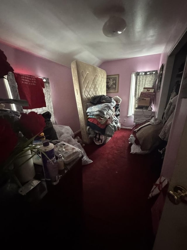 bedroom featuring vaulted ceiling and carpet