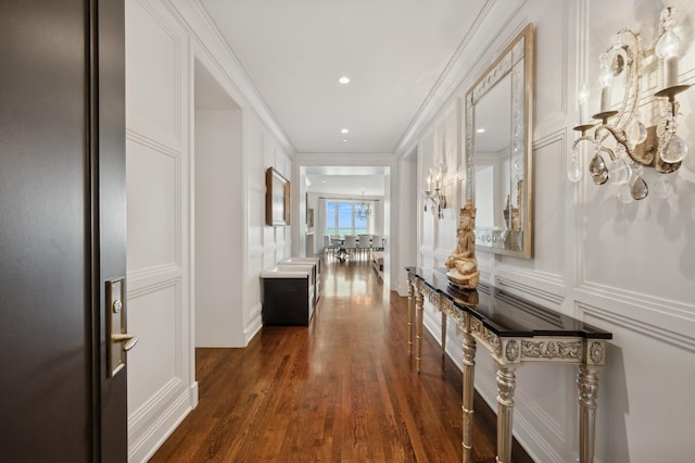 corridor featuring crown molding and dark wood-type flooring