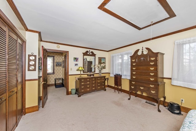 bedroom with multiple windows, light carpet, ornamental molding, and a closet