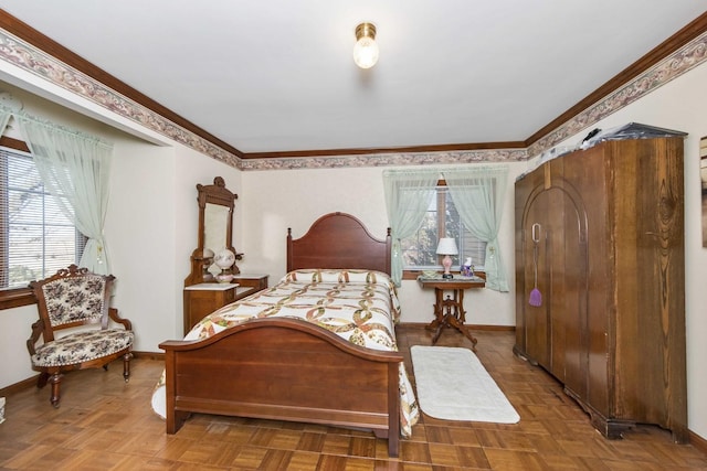 bedroom with ornamental molding and parquet floors