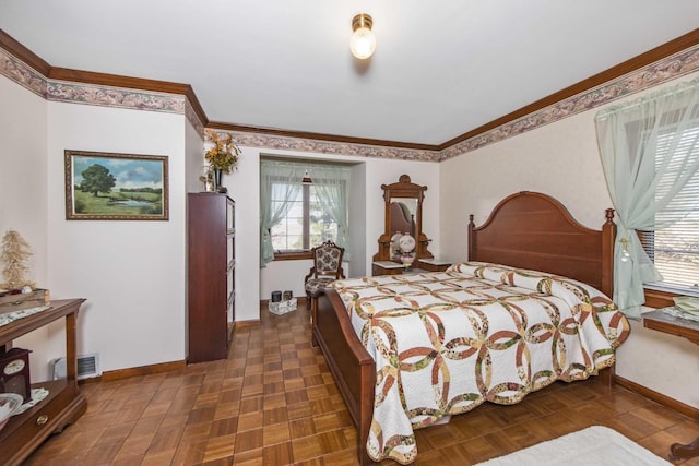 bedroom featuring ornamental molding and dark parquet flooring