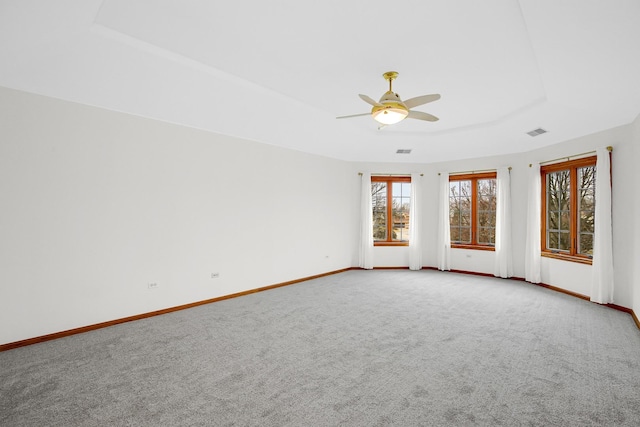 unfurnished room featuring a raised ceiling, carpet, and ceiling fan