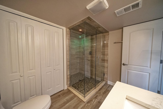 bathroom featuring vanity, wood-type flooring, toilet, and walk in shower