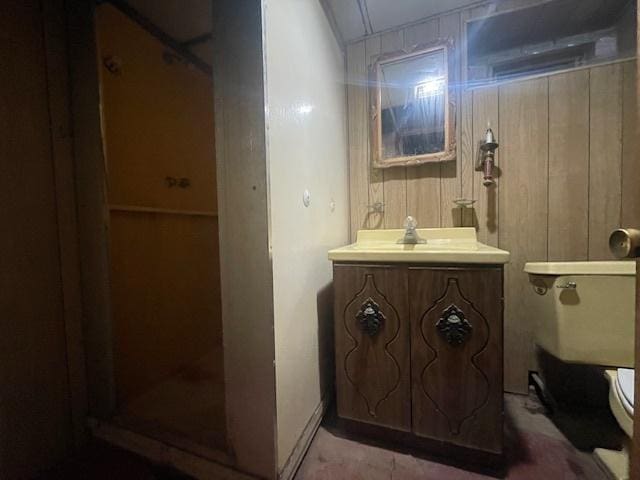 bathroom with vanity, wooden walls, and toilet