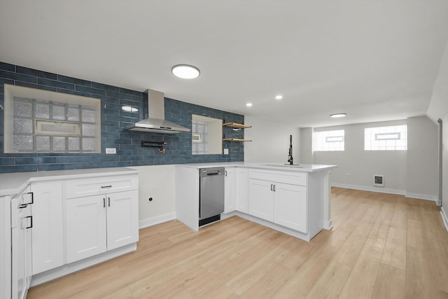 kitchen with wall chimney exhaust hood, sink, kitchen peninsula, white cabinets, and backsplash