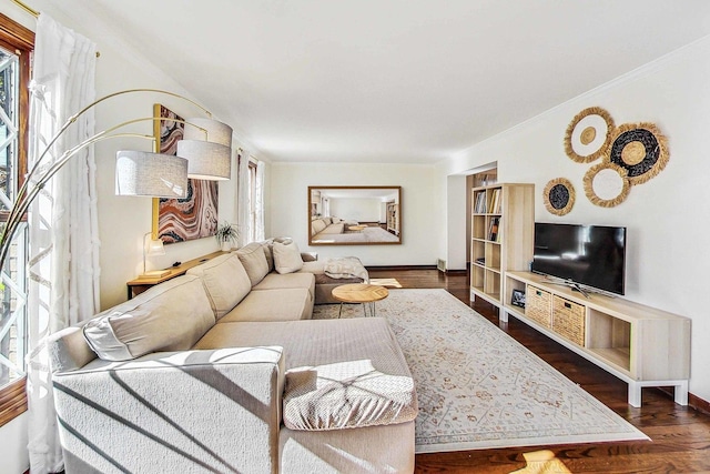 living room with dark hardwood / wood-style flooring