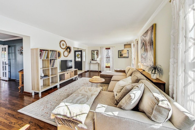 living room with ornamental molding and dark wood-type flooring