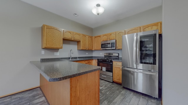 kitchen featuring dark wood-type flooring, appliances with stainless steel finishes, kitchen peninsula, and sink