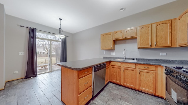 kitchen featuring pendant lighting, range with gas cooktop, sink, stainless steel dishwasher, and kitchen peninsula