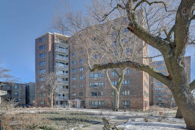 view of snow covered building