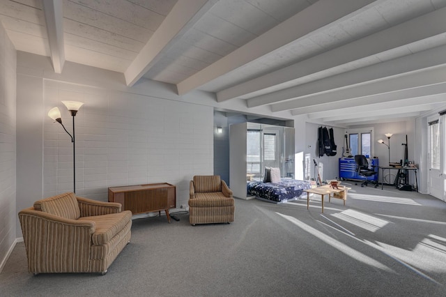 interior space featuring carpet flooring, radiator, and beam ceiling