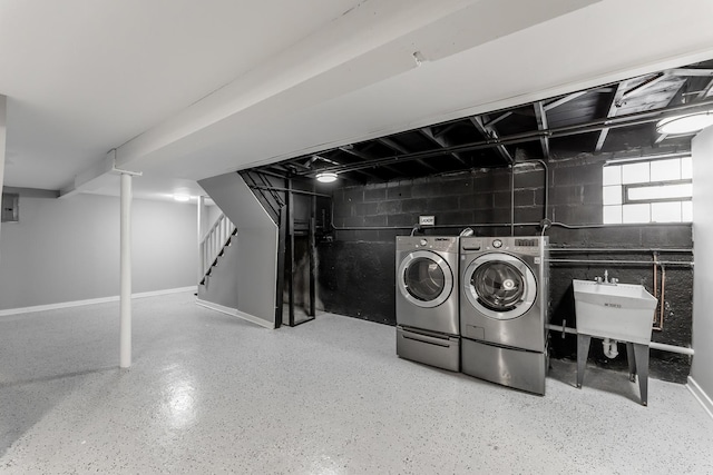 laundry room with sink, electric panel, and washing machine and dryer