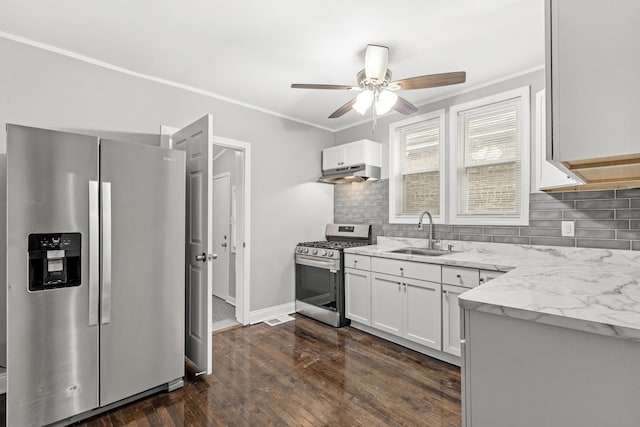 kitchen with sink, white cabinetry, crown molding, appliances with stainless steel finishes, and dark hardwood / wood-style flooring