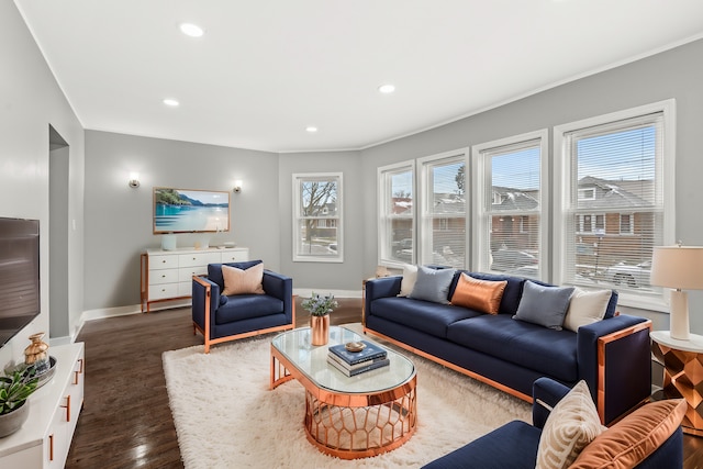 living room featuring crown molding and dark wood-type flooring