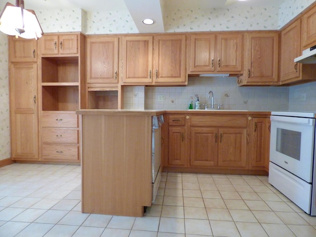 kitchen featuring tasteful backsplash, white electric range, sink, and light tile patterned floors