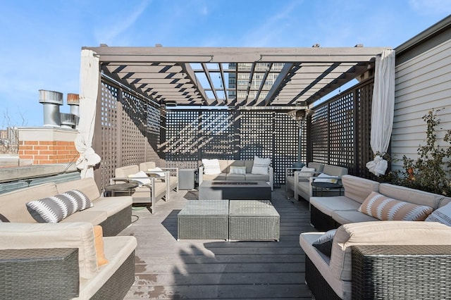 deck featuring an outdoor living space and a pergola