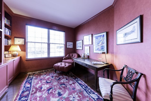 office with crown molding and light hardwood / wood-style flooring