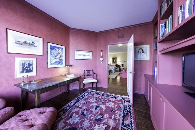 office area featuring ornamental molding and dark hardwood / wood-style floors