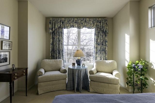 sitting room featuring light carpet