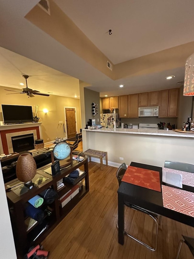 interior space featuring a tiled fireplace, light hardwood / wood-style flooring, and ceiling fan