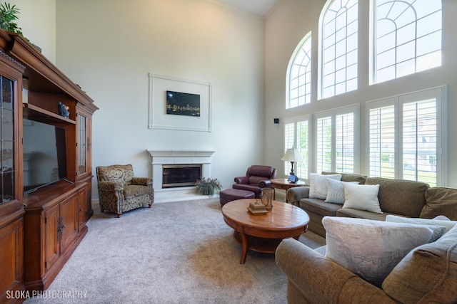 living room with a towering ceiling and light carpet