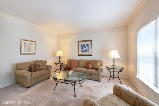 living room with crown molding and light carpet