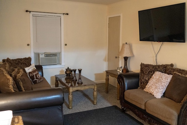 carpeted living room featuring cooling unit and crown molding