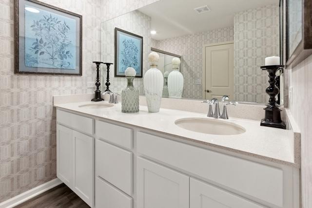 bathroom with walk in shower, vanity, and wood-type flooring