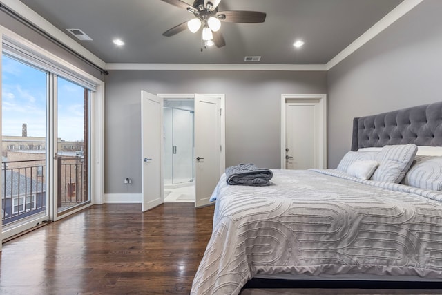 bedroom featuring crown molding, ceiling fan, access to exterior, and dark hardwood / wood-style flooring