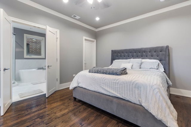 bedroom featuring crown molding, ceiling fan, and dark hardwood / wood-style flooring