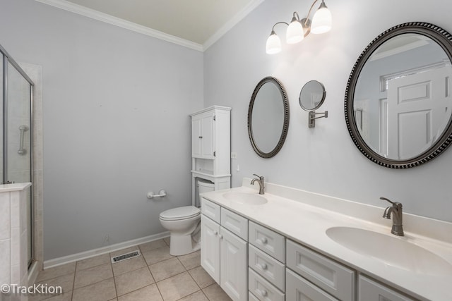 bathroom with tile patterned floors, toilet, an enclosed shower, crown molding, and vanity