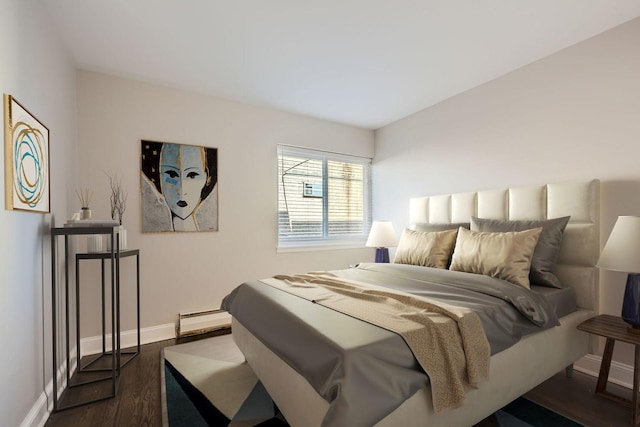 bedroom featuring a baseboard radiator and dark hardwood / wood-style floors