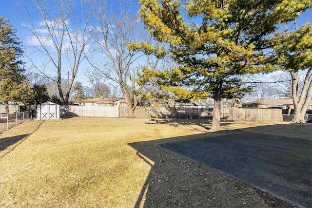 view of yard featuring an outdoor structure, a storage unit, and a fenced backyard