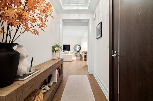 hallway featuring wood-type flooring and a raised ceiling