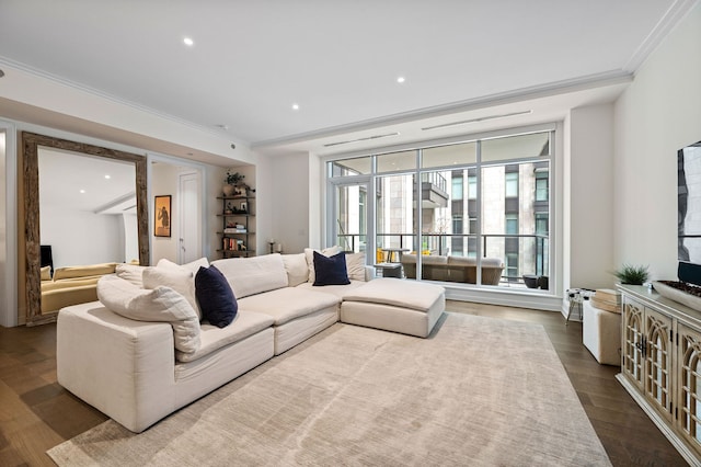 living room featuring crown molding and wood-type flooring