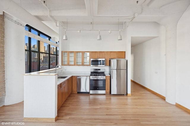 kitchen featuring stainless steel appliances, sink, light hardwood / wood-style floors, and decorative light fixtures