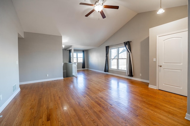 unfurnished living room featuring lofted ceiling, ceiling fan, and light hardwood / wood-style flooring