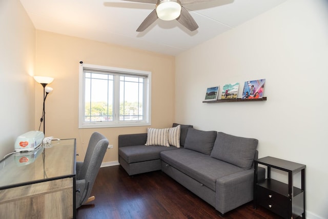 office space featuring dark hardwood / wood-style floors and ceiling fan