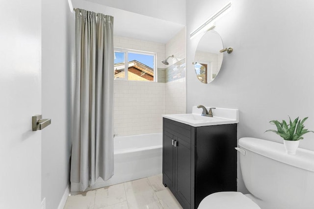 full bathroom featuring vanity, toilet, and shower / bathtub combination with curtain