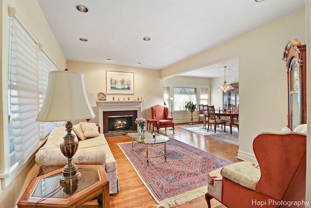 living room with a baseboard heating unit and light wood-type flooring