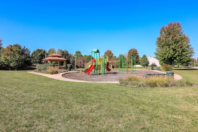 view of play area featuring a gazebo and a yard