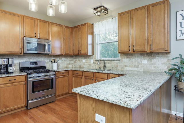 kitchen with sink, light wood-type flooring, kitchen peninsula, stainless steel appliances, and backsplash