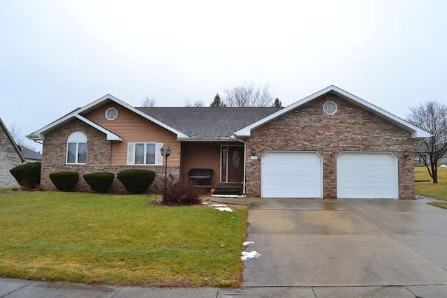 ranch-style house featuring a garage and a front lawn