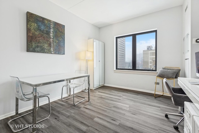 home office with hardwood / wood-style floors