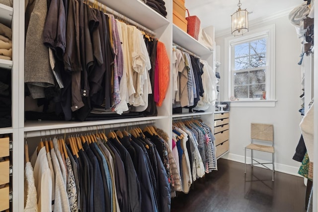 spacious closet with hardwood / wood-style floors and a notable chandelier